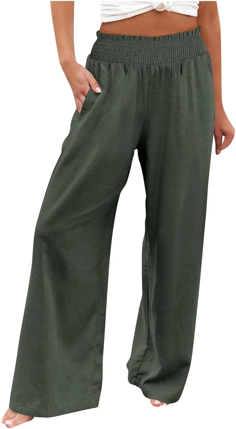 Women Linen Summer Breathable Palazzo Pants Low Waist Bootcut Slim-Fit Pants Business Work