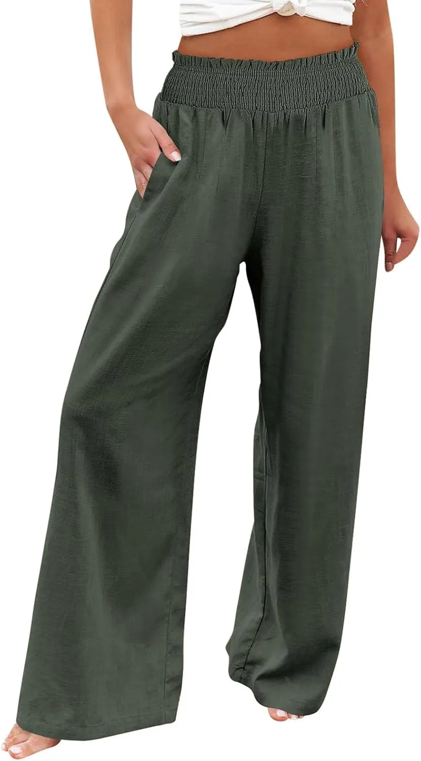 Women Linen Summer Breathable Palazzo Pants Low Waist Bootcut Slim-Fit Pants Business Work
