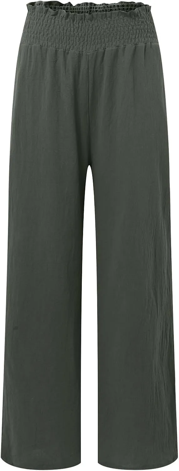 Women Linen Summer Breathable Palazzo Pants Low Waist Bootcut Slim-Fit Pants Business Work