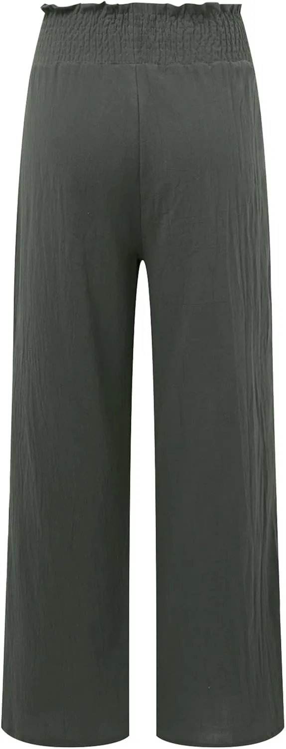 Women Linen Summer Breathable Palazzo Pants Low Waist Bootcut Slim-Fit Pants Business Work