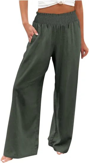 Women Linen Summer Breathable Palazzo Pants Low Waist Bootcut Slim-Fit Pants Business Work