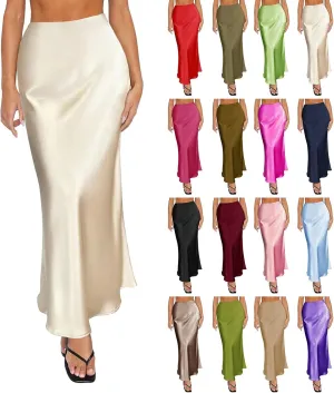 Women Long Satin Summer Fall Skirt Silk Elegant High Waist Black Wedding Flared A-Line Midi Skirts
