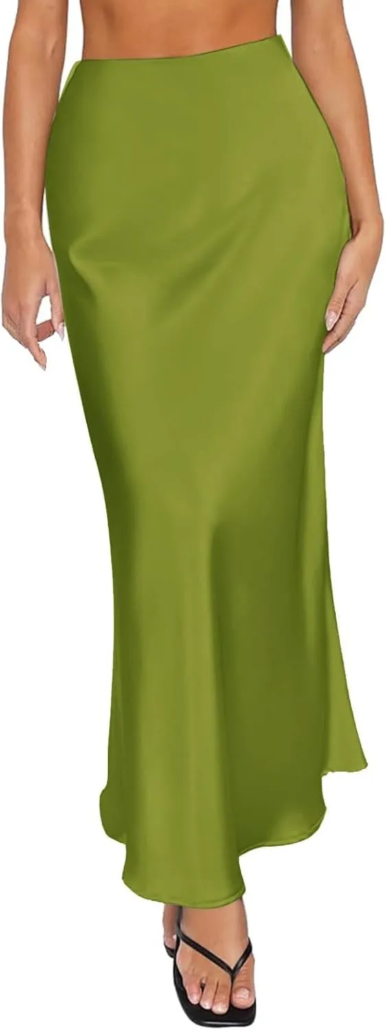 Women Long Satin Summer Fall Skirt Silk Elegant High Waist Black Wedding Flared A-Line Midi Skirts