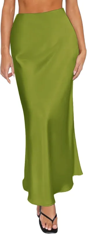 Women Long Satin Summer Fall Skirt Silk Elegant High Waist Black Wedding Flared A-Line Midi Skirts