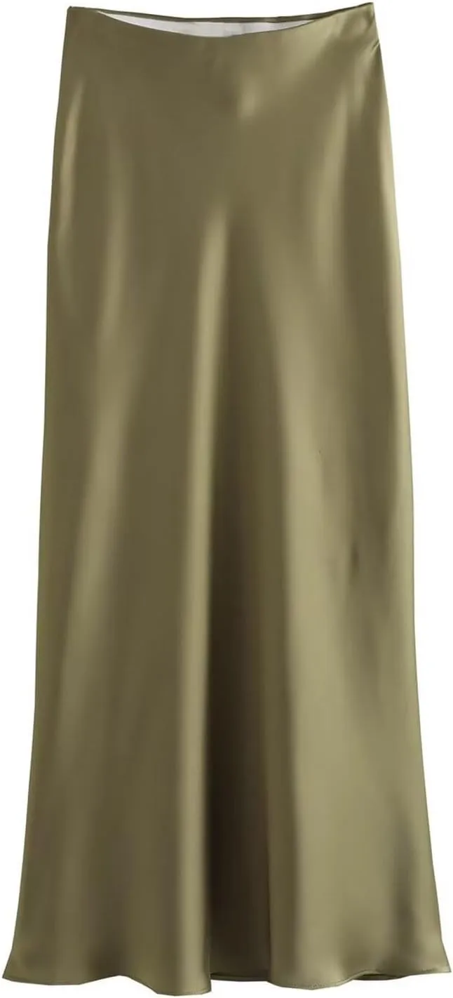 Women Long Satin Summer Fall Skirt Silk Elegant High Waist Black Wedding Flared A-Line Midi Skirts