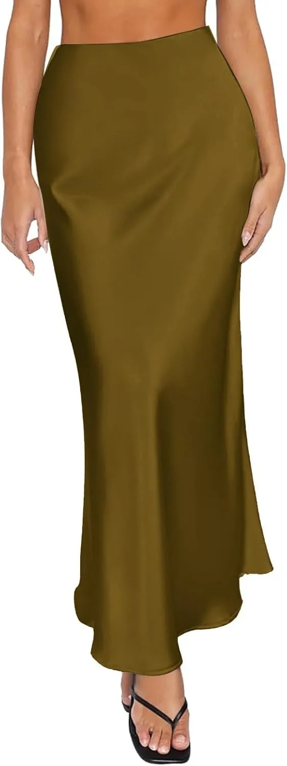 Women Long Satin Summer Fall Skirt Silk Elegant High Waist Black Wedding Flared A-Line Midi Skirts
