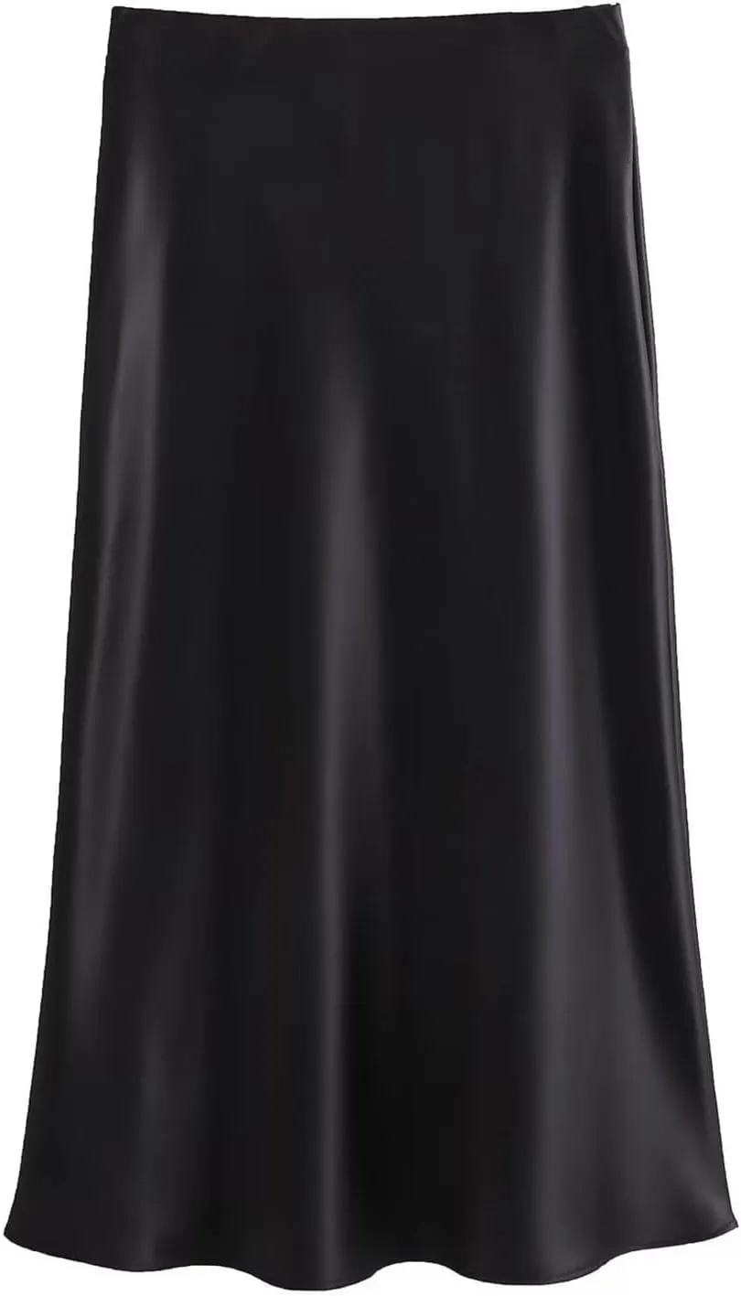 Women Long Satin Summer Fall Skirt Silk Elegant High Waist Black Wedding Flared A-Line Midi Skirts