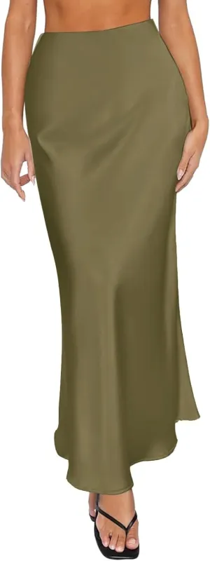 Women Long Satin Summer Fall Skirt Silk Elegant High Waist Black Wedding Flared A-Line Midi Skirts