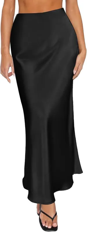 Women Long Satin Summer Fall Skirt Silk Elegant High Waist Black Wedding Flared A-Line Midi Skirts