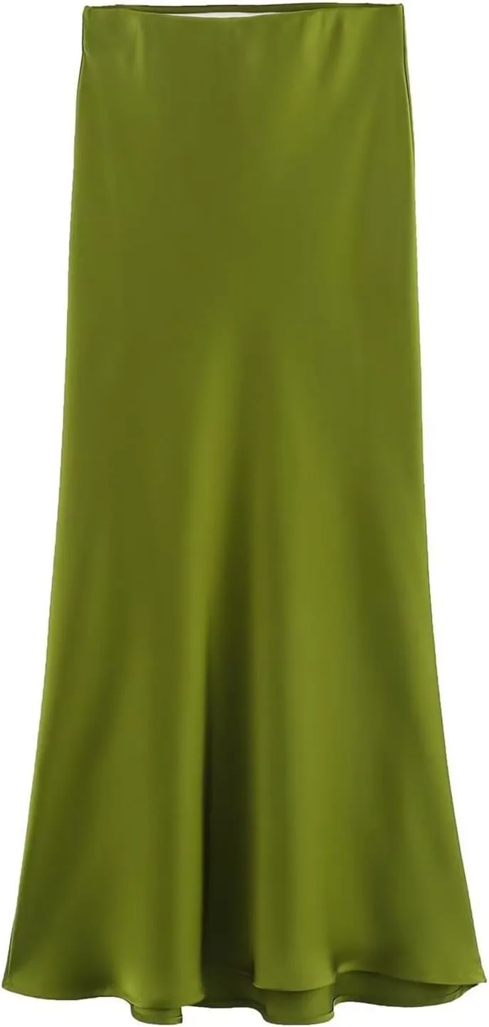 Women Long Satin Summer Fall Skirt Silk Elegant High Waist Black Wedding Flared A-Line Midi Skirts