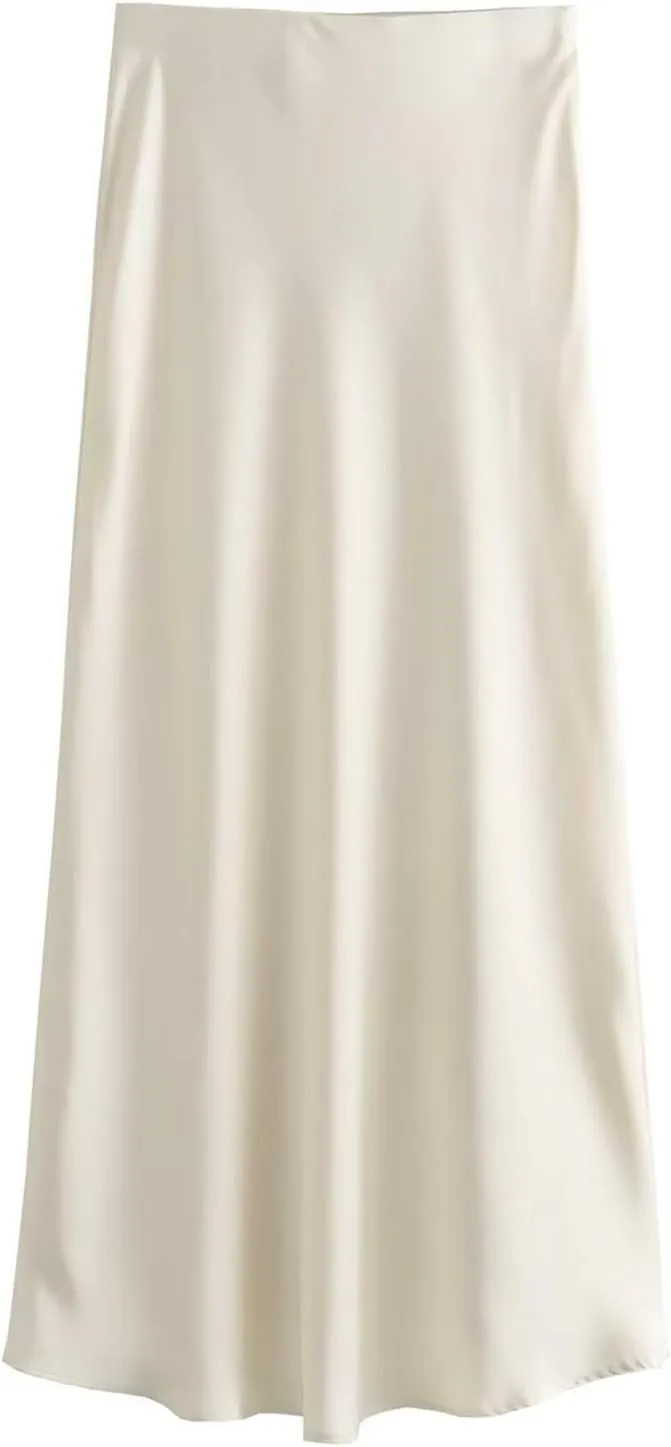 Women Long Satin Summer Fall Skirt Silk Elegant High Waist Black Wedding Flared A-Line Midi Skirts