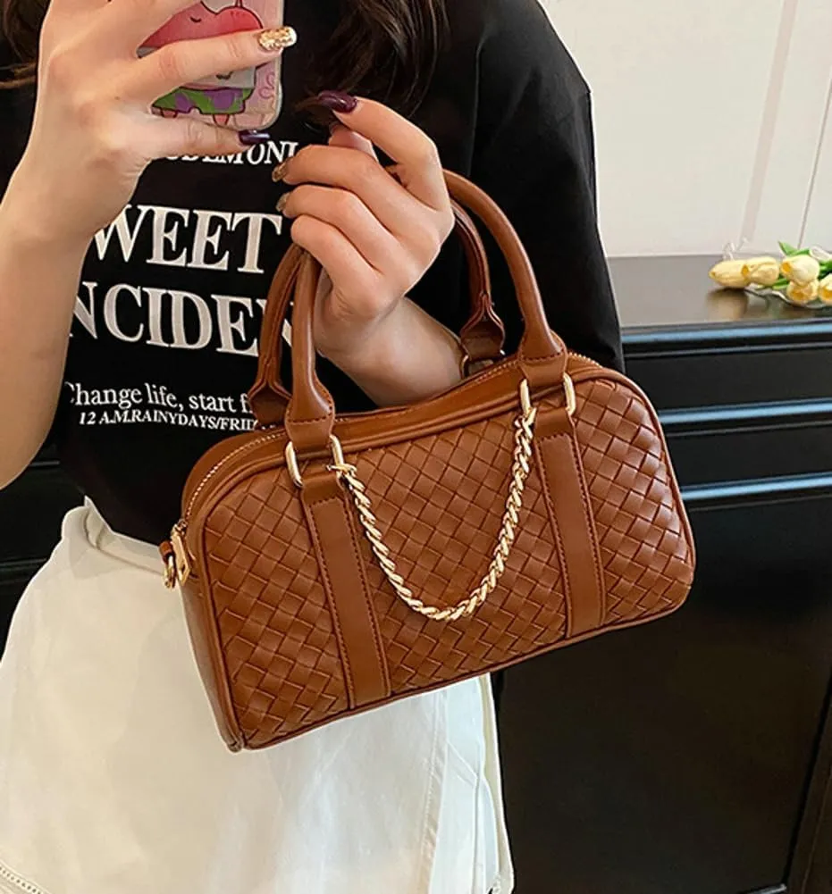 Women PU Leather Crossbody Handbag Trendy Rhombus Tote Bag Commuting Satchel Travel Dating