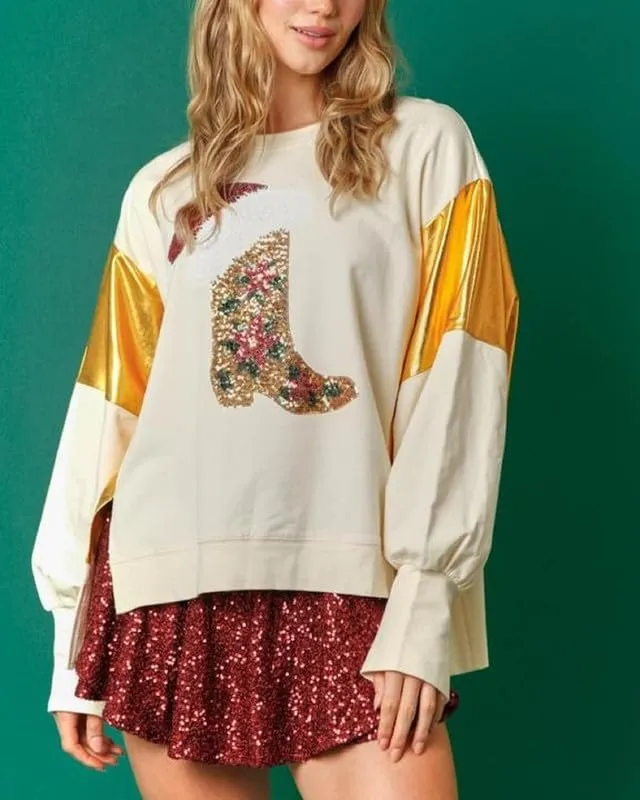 Women Sequin Christmas Sweatshirts Cute Santa Print Long Sleeve Crew Neck Tops Oversized Xmas Pullover Top