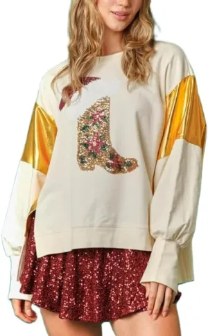 Women Sequin Christmas Sweatshirts Cute Santa Print Long Sleeve Crew Neck Tops Oversized Xmas Pullover Top