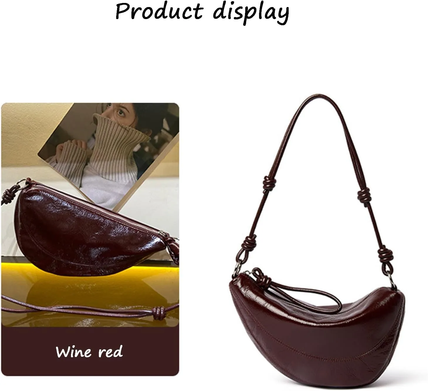 Women Trendy Saddle Shoulder Bag Waxed Cowhide Zipper Crescent Purse Underarm Hobo Handbags