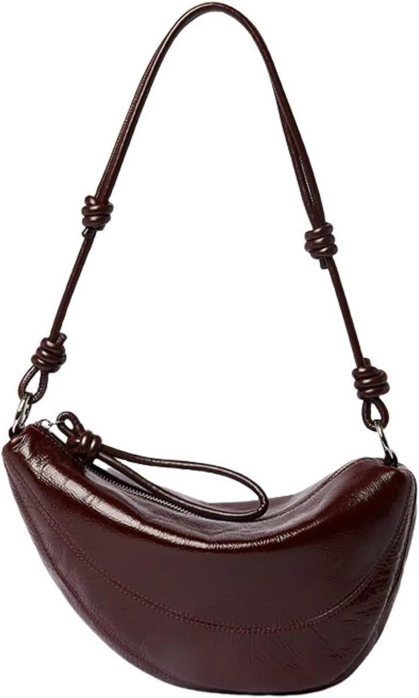 Women Trendy Saddle Shoulder Bag Waxed Cowhide Zipper Crescent Purse Underarm Hobo Handbags