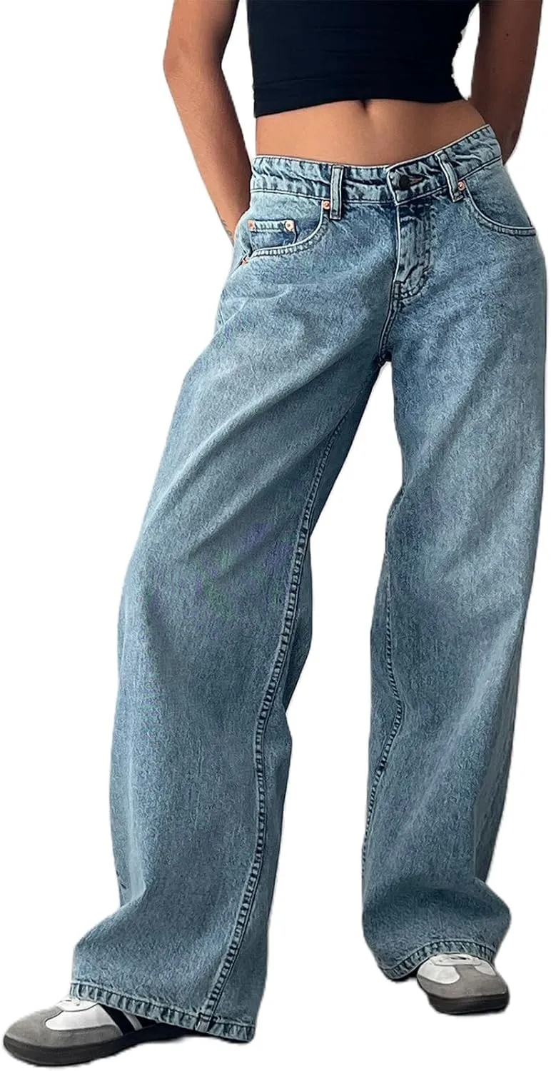 Women Y2k Low Rise Baggy Jeans Loose Fit Boyfriend Straight Wide Leg Jeans Trendy Stretch Long Denim Pants