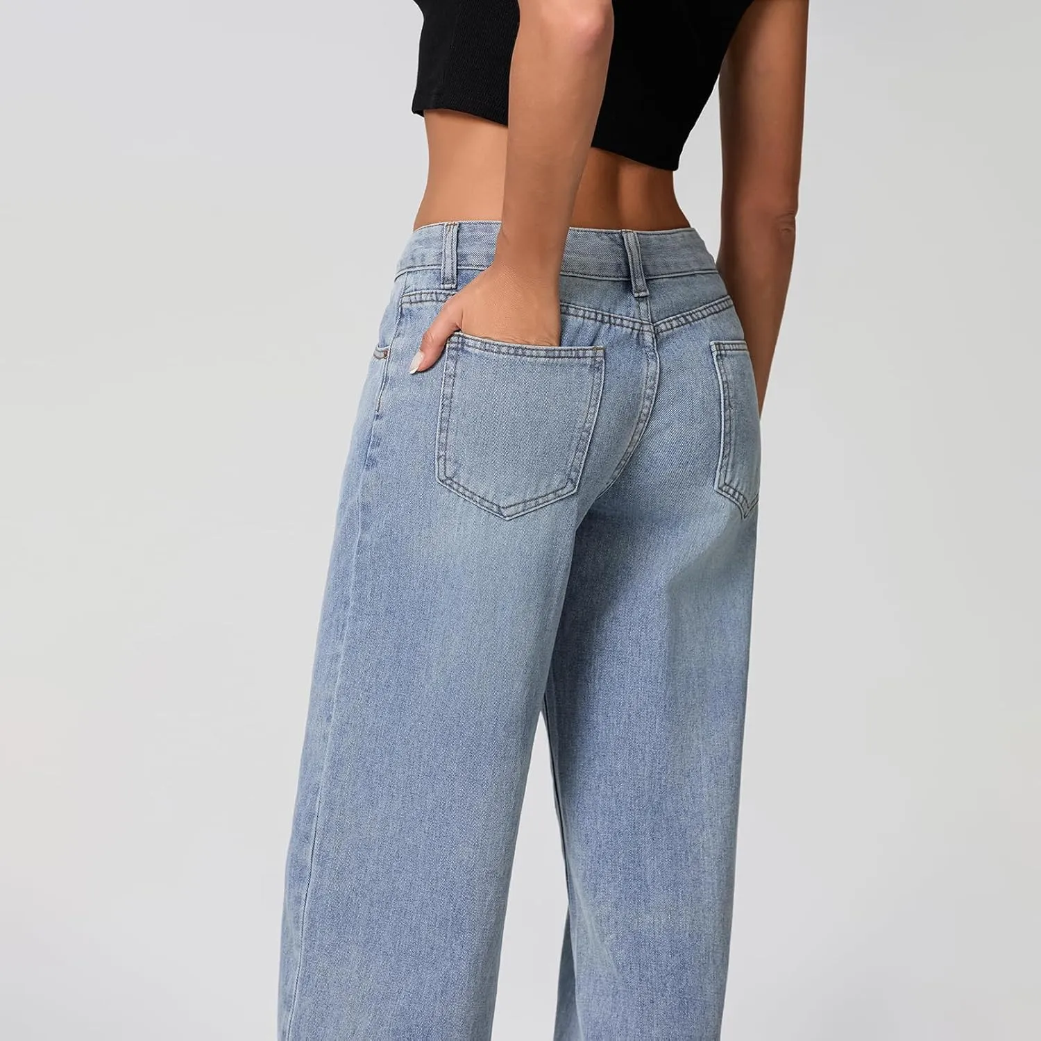 Women Y2k Low Rise Baggy Jeans Loose Fit Boyfriend Straight Wide Leg Jeans Trendy Stretch Long Denim Pants