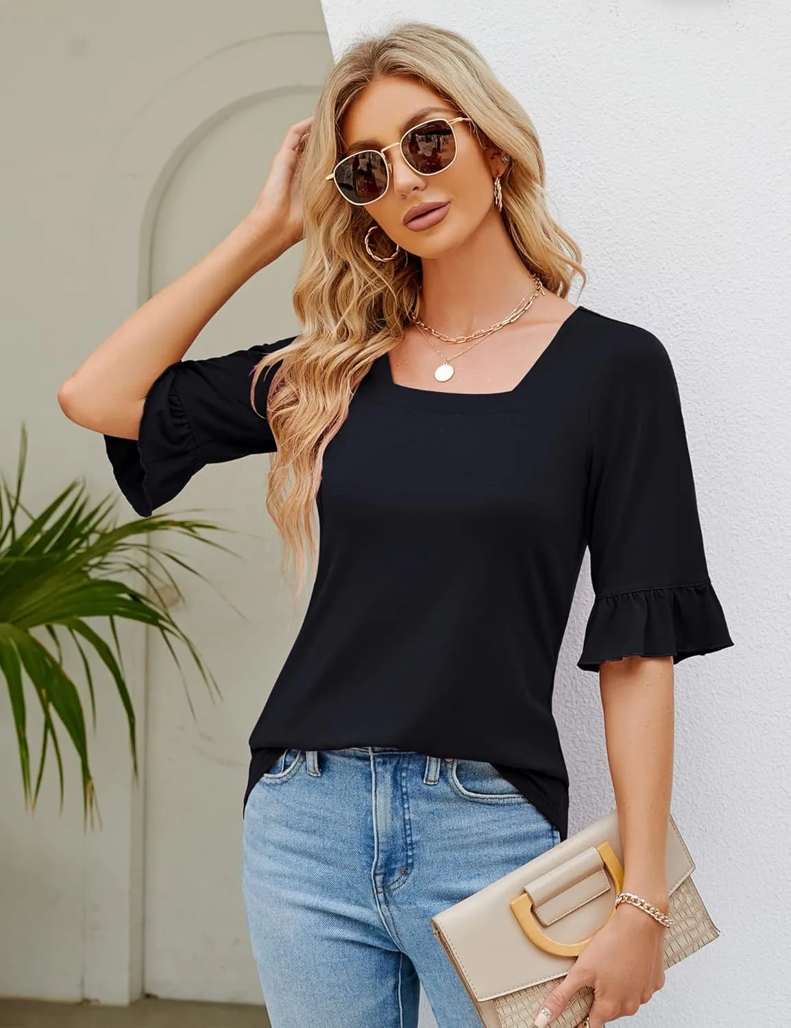 Womens 3/4 Sleeve Shirts Summer Square Neck Bell Sleeve Tops Business Casual Loose Tunic Work Dressy Blouses