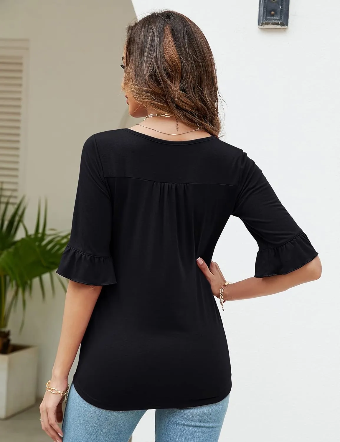 Womens 3/4 Sleeve Shirts Summer Square Neck Bell Sleeve Tops Business Casual Loose Tunic Work Dressy Blouses