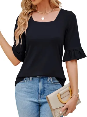 Womens 3/4 Sleeve Shirts Summer Square Neck Bell Sleeve Tops Business Casual Loose Tunic Work Dressy Blouses