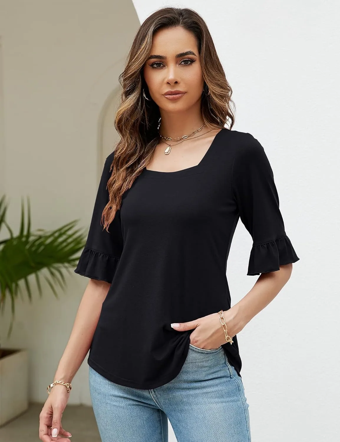 Womens 3/4 Sleeve Shirts Summer Square Neck Bell Sleeve Tops Business Casual Loose Tunic Work Dressy Blouses