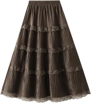 Womens A Line Long Skirt Casual High Waist Tiered Pleated Skirt Elegant Flared Midi Wedding Skirts