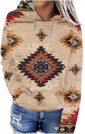 Womens Aztec Ethic Graphic Sweatshirt Western Shirts Hoodies Casual Fall Tops Pullover Cow Country Vintage Outfit