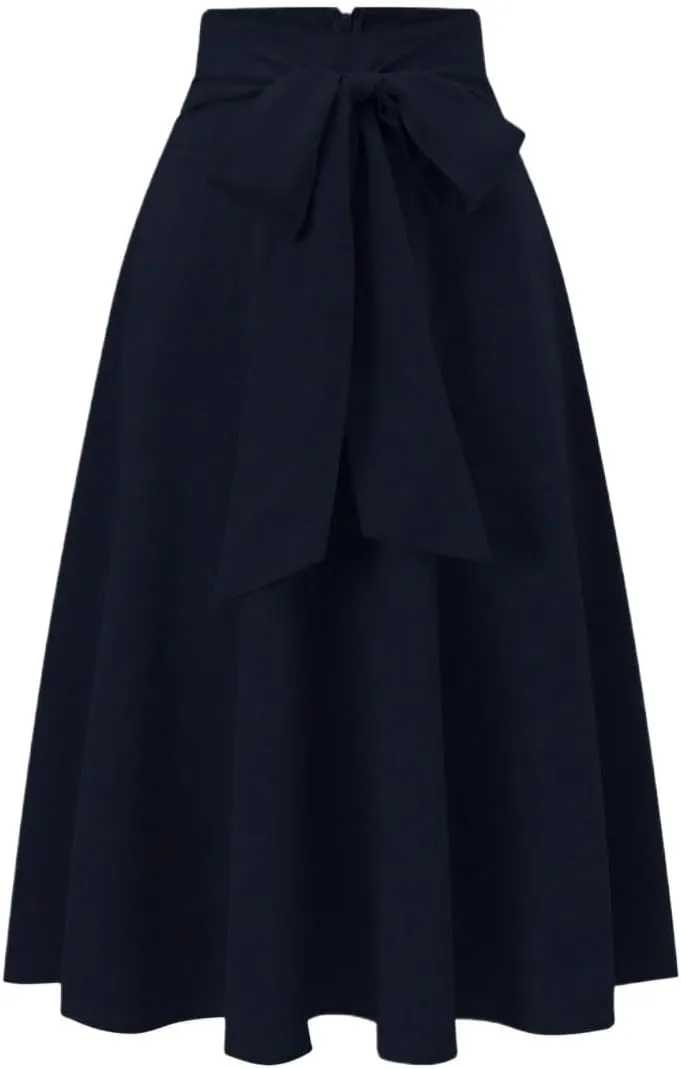 Women's Basic Casual Flared Women Solid Color Belted Waist Elegant A-Line Midi Skirt Casual Skirts