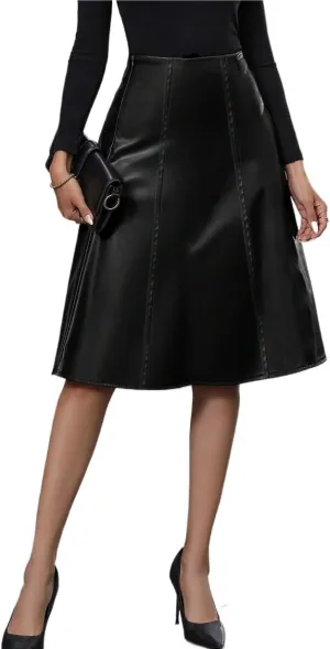 Women's Basic Elegant A Line Women's Solid Color Pu Leather Midi Skirt Zipper Plain Casual Skirts