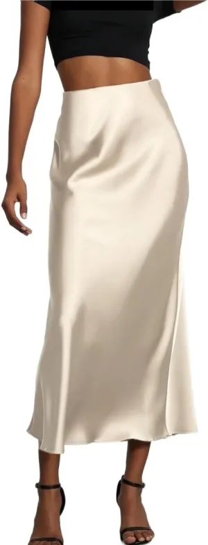 Women's Basic Elegant Zipper Women's Regular Fit Elastic Satin Midi Skirt Natural Casual Skirts