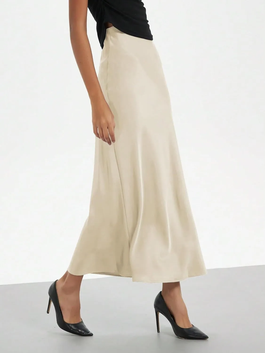 Women's Basic Elegant Zipper Women's Regular Fit Elastic Satin Midi Skirt Natural Casual Skirts