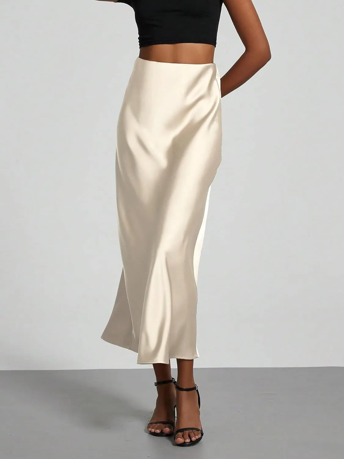 Women's Basic Elegant Zipper Women's Regular Fit Elastic Satin Midi Skirt Natural Casual Skirts