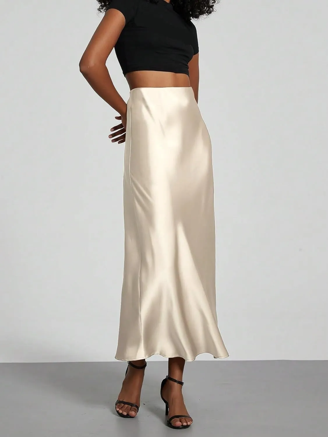 Women's Basic Elegant Zipper Women's Regular Fit Elastic Satin Midi Skirt Natural Casual Skirts