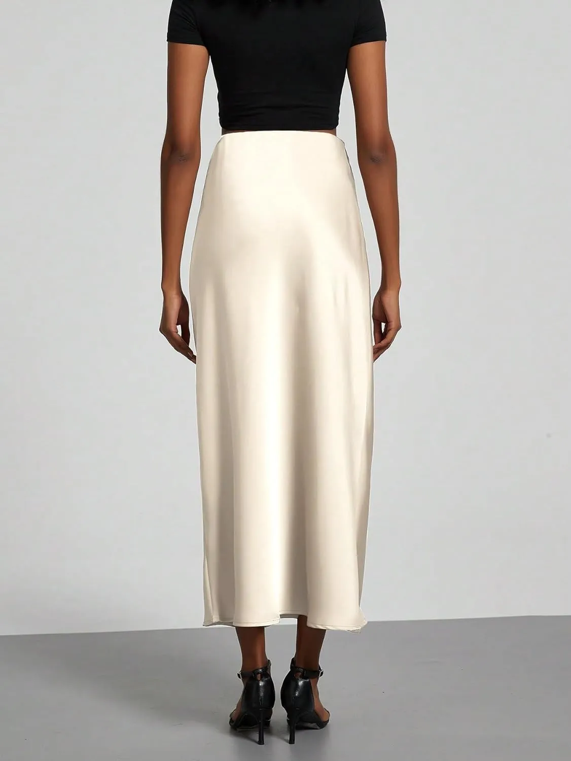 Women's Basic Elegant Zipper Women's Regular Fit Elastic Satin Midi Skirt Natural Casual Skirts