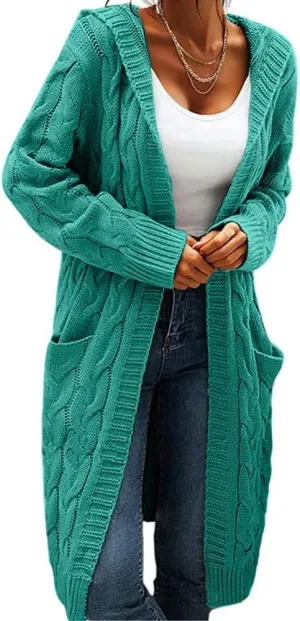 Women's Cable Knit Long Sleeve Sweater Cardigan Open Front Long Cardigans Pocket Hooded Casual Outwear