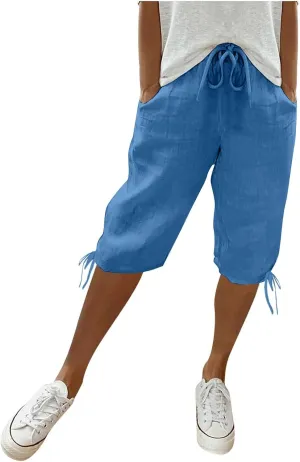 Women'S Casual Bottoms Pants Linen Lounge Drawstring Capri Breathable Pajama Summer Trousers With Pockets
