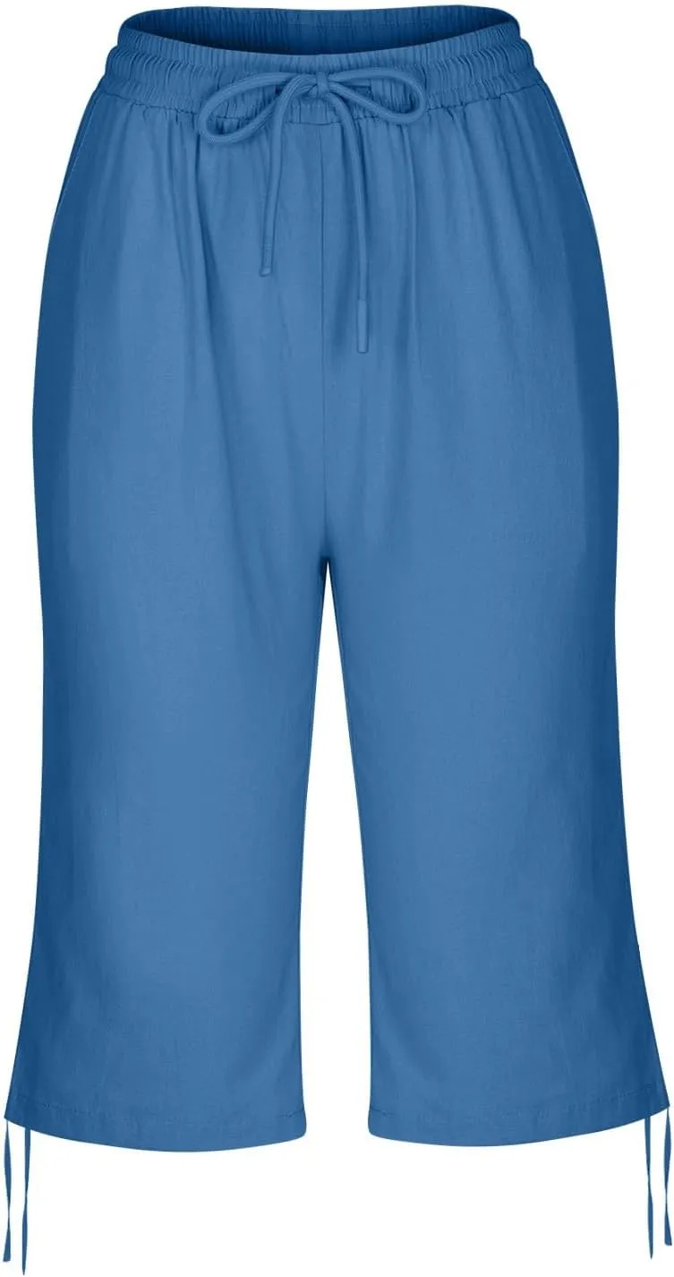 Women'S Casual Bottoms Pants Linen Lounge Drawstring Capri Breathable Pajama Summer Trousers With Pockets