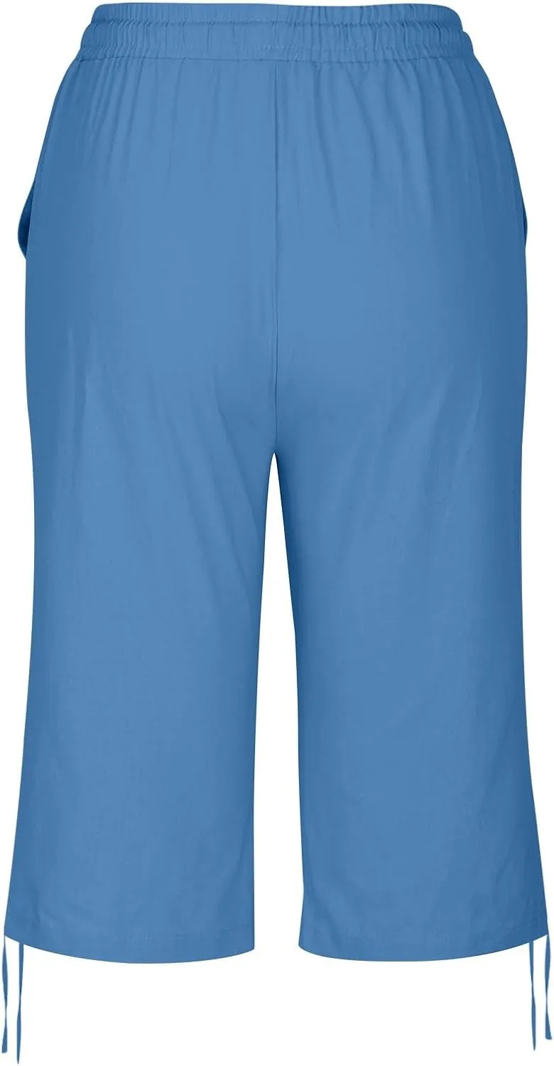 Women'S Casual Bottoms Pants Linen Lounge Drawstring Capri Breathable Pajama Summer Trousers With Pockets