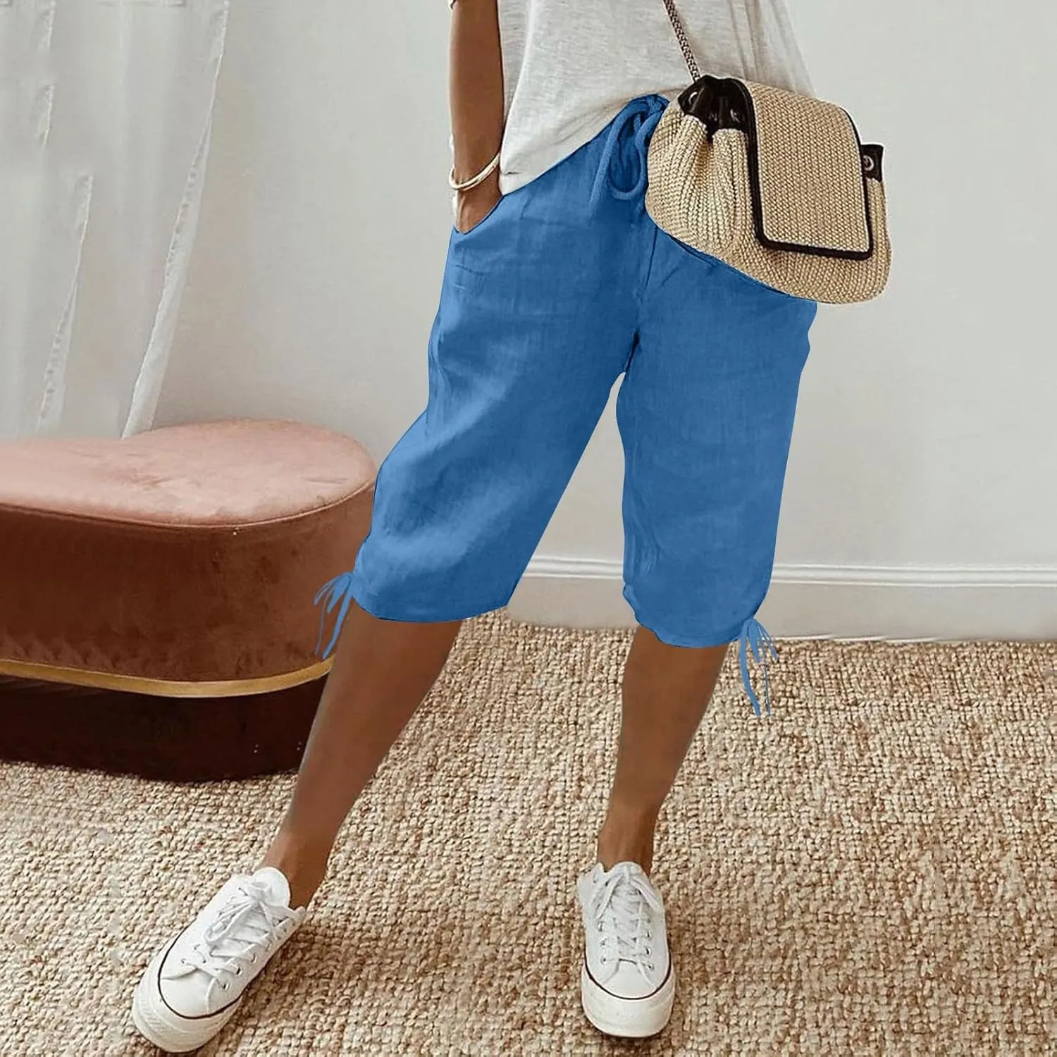Women'S Casual Bottoms Pants Linen Lounge Drawstring Capri Breathable Pajama Summer Trousers With Pockets