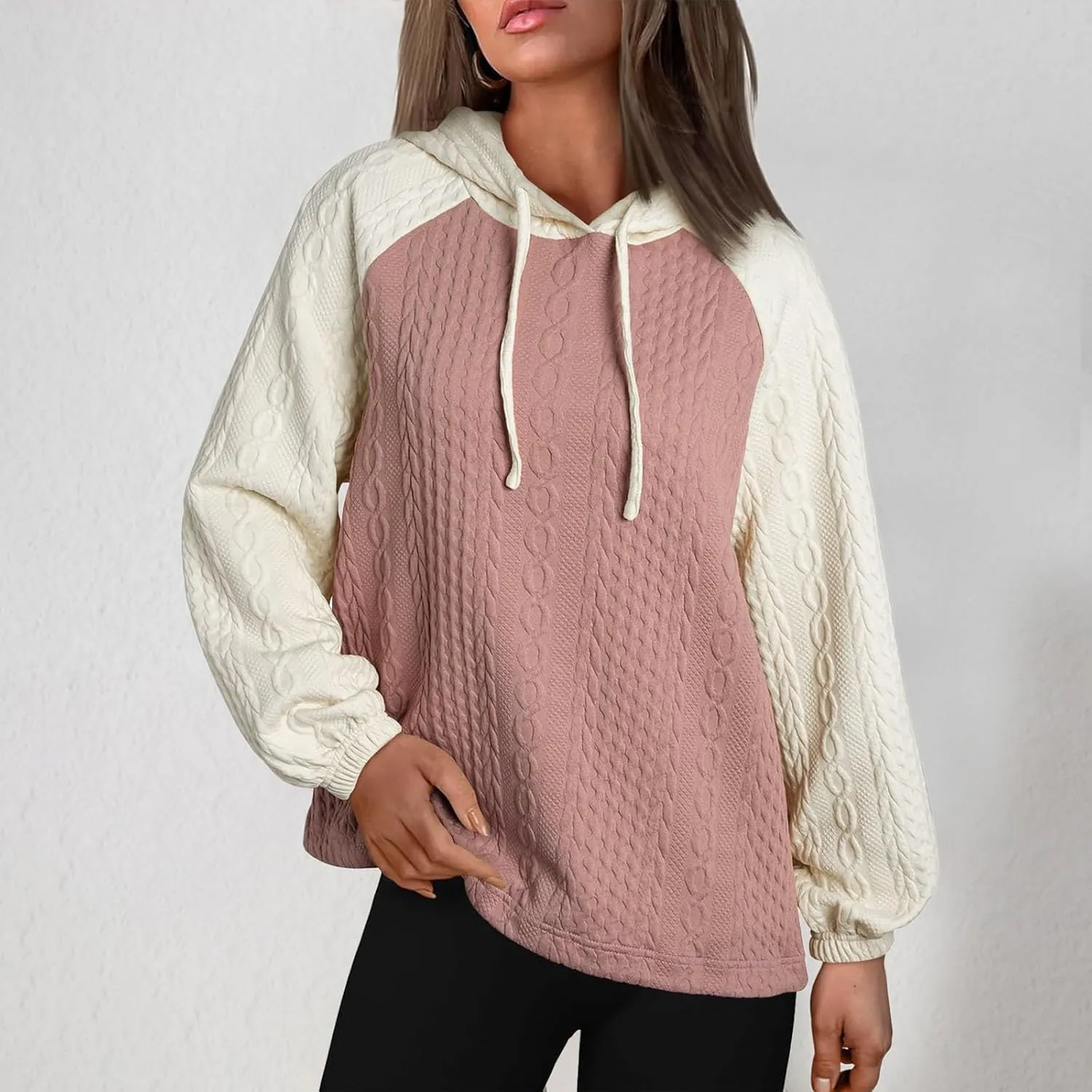 Women's Casual Oversized Hoodies Color Block Long Sleeve Sweatshirt Drawstring Hooded Pullover Top