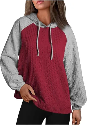 Women's Casual Oversized Hoodies Color Block Long Sleeve Sweatshirt Drawstring Hooded Pullover Top