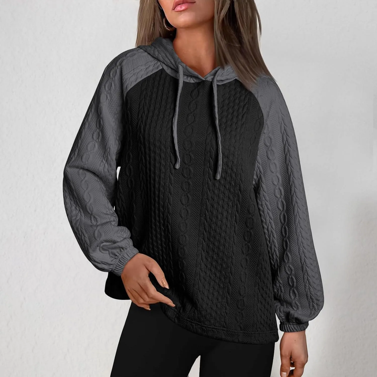Women's Casual Oversized Hoodies Color Block Long Sleeve Sweatshirt Drawstring Hooded Pullover Top