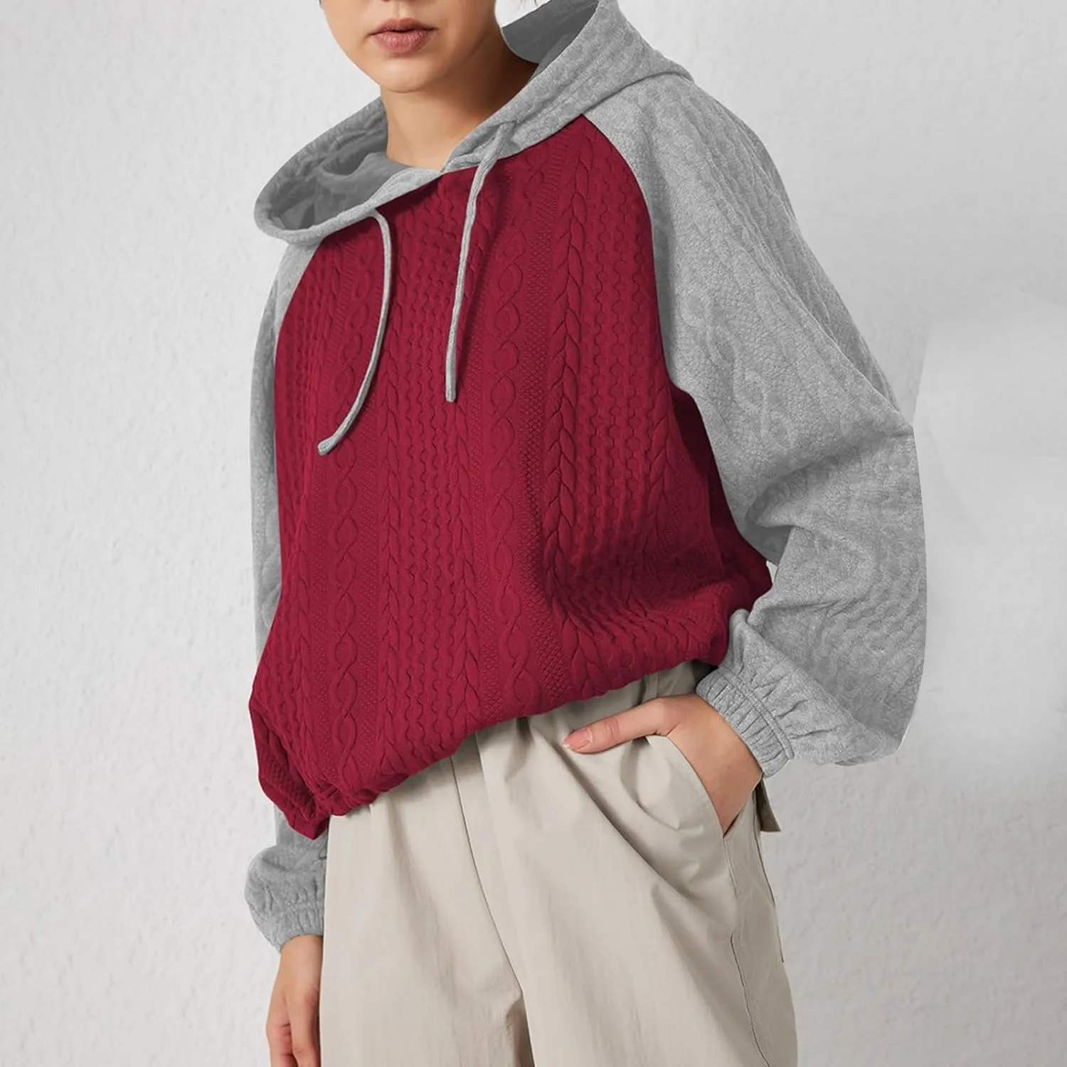 Women's Casual Oversized Hoodies Color Block Long Sleeve Sweatshirt Drawstring Hooded Pullover Top