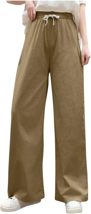 Women's Cotton Linen Drawstring Palazzo Pants, Summer Comfy Breathable Daily Going Out Trendy Trousers with Pockets