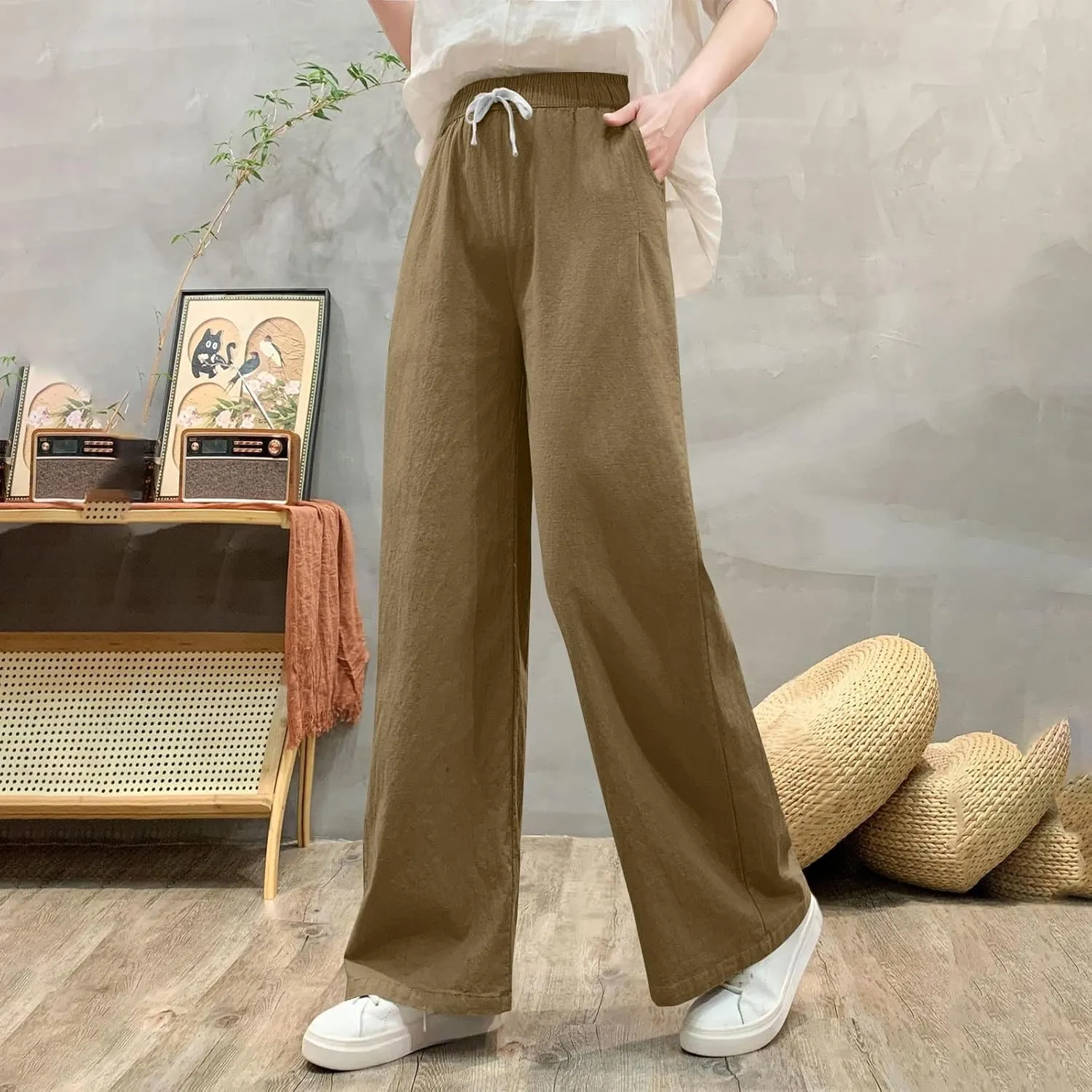 Women's Cotton Linen Drawstring Palazzo Pants, Summer Comfy Breathable Daily Going Out Trendy Trousers with Pockets