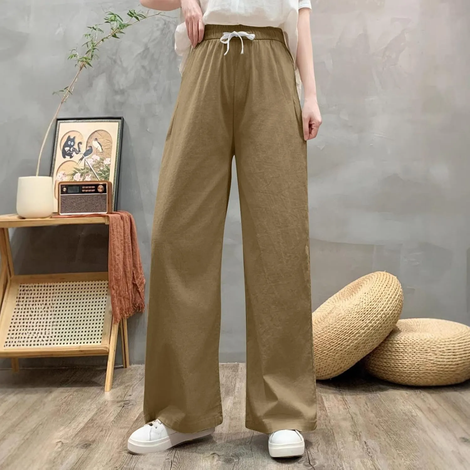 Women's Cotton Linen Drawstring Palazzo Pants, Summer Comfy Breathable Daily Going Out Trendy Trousers with Pockets