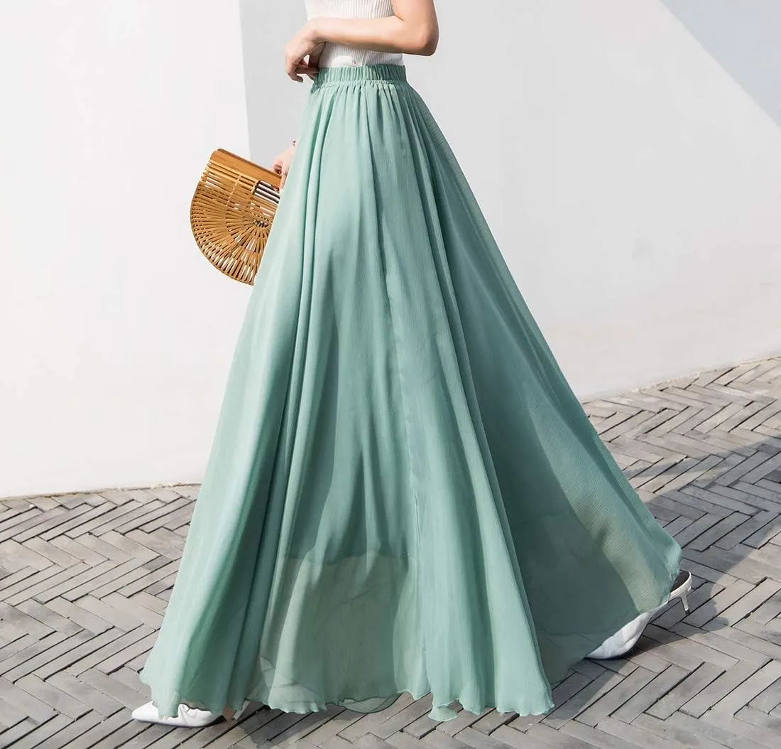 Women's Elegant Boho Chiffon Long Skirts Summer Casual Flowy High Waist Maxi Skirt Elastic Waist Pleated Skirt