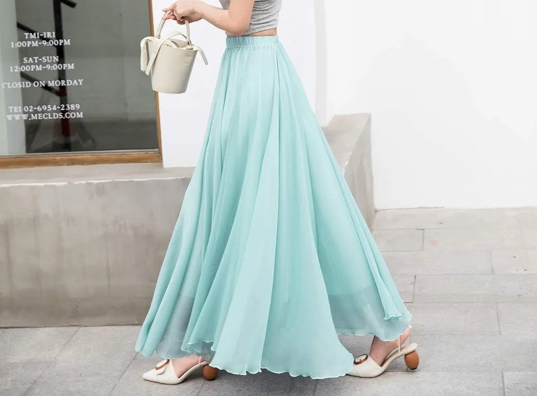 Women's Elegant Boho Chiffon Long Skirts Summer Casual Flowy High Waist Maxi Skirt Elastic Waist Pleated Skirt