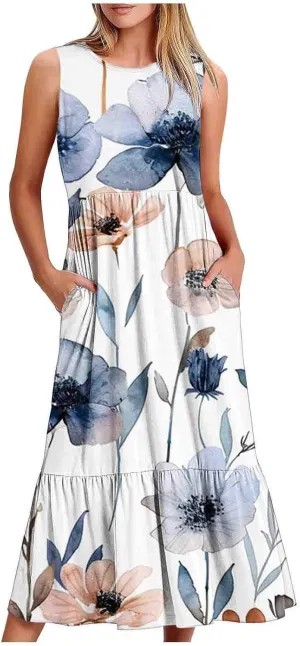 Women's Elegant Casual Tank Long Dress Crew Neck Sleeveless Floral Ruffle Dresses Loose Tiered Pleated Maxi Dress